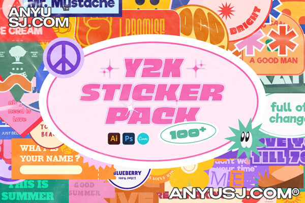 100款复古怀旧Y2K千禧趣味卡通贴纸LOGO图标徽章徽标AI矢量设计套装Retro Y2K Stickers by Sixtysix Labs-第3659期-