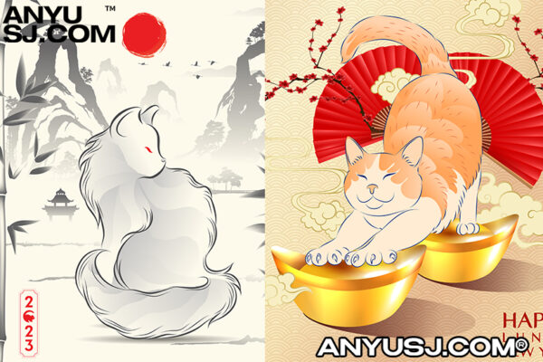 25款2023创意日式新年招财猫趣味插画电商自媒体推文海报设计源文件-第3591期-