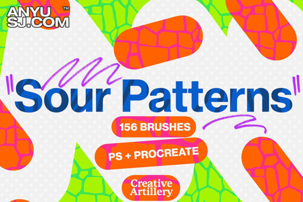 156款PS ＆ Procreate复古方格酸性现代实用无缝图案绘画插画笔刷套装Sour Patterns Brush