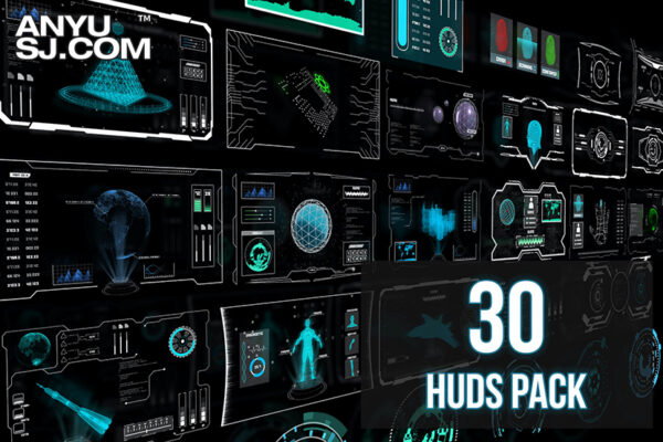 30款赛博朋克HUD仪表盘数据分析PSD＆PNG元素设计套装30 HUDs Pack