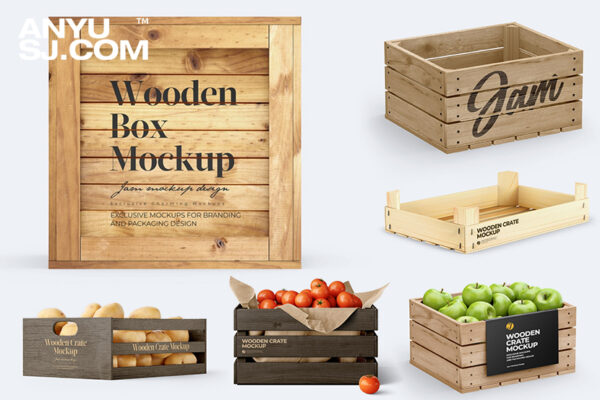 独家整理：6套木箱木盒水果蔬菜收纳盒运输打包PS包装设计展示样机合集-第3603期-