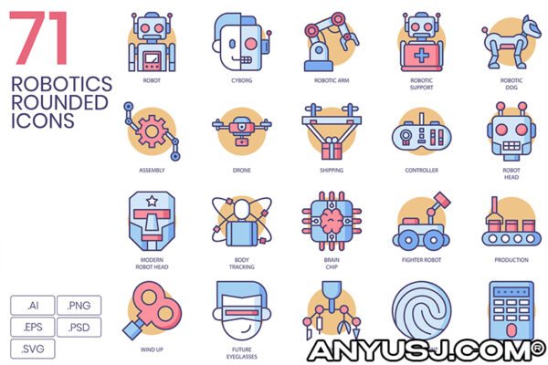 71款赛博极简科技极趣味机器人动物零件部件AI矢量UI插画图标套件 71 Robotic Icons | Butterscotch Series