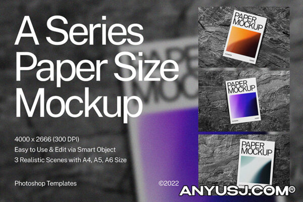 3款极简创意岩石地面A4传单海报设计展示PSD样机A Series Paper Size Mockup