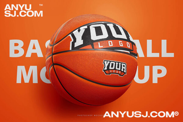 2款9K高清分辨率逼真细节高质量篮球印花logo外观设计展示PSD样机Basketball Ball Photoshop Template