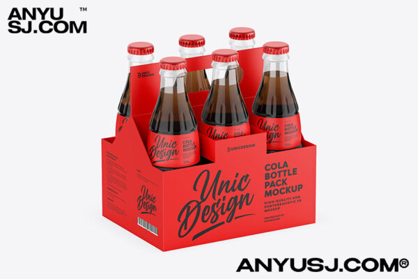 高质感可乐玻璃瓶饮料瓶纸盒包装设计展示样机Cola Bottle Pack Mockup