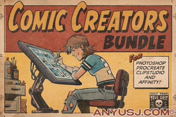 380+复古半调铅笔蜡笔水墨着色手绘漫画PS笔刷纸张肌理套装Comic Creators Bundle-第3666期-