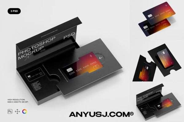 3款信用卡银行卡会员卡礼品卡卡片盒子包装VI品牌PSD样机Credit Card Mockup Set