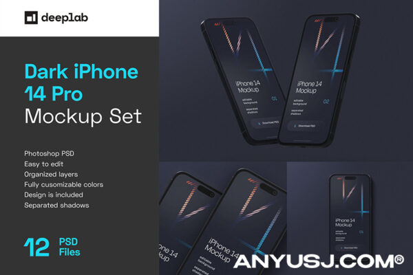 12款黑暗高质量Iphone 14 Pro 苹果手机UI设计展示PSD样机组合Dark iPhone 14 Pro Mockup Set