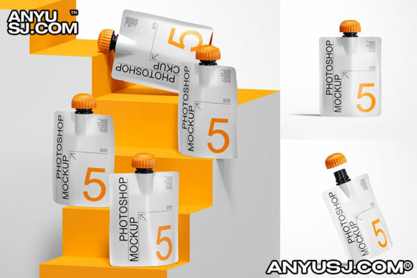 3款时尚铝箔自立袋豆浆中药饮料液体吸嘴袋产品包装设计展示PSD样机组合Doypack Mockup Set