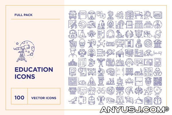 100款科学教育系列笔记本天文学图书馆生物学考古学艺术地理历史医学物理化学心理学AI矢量图标logo设计套装Education and Science Icons Set