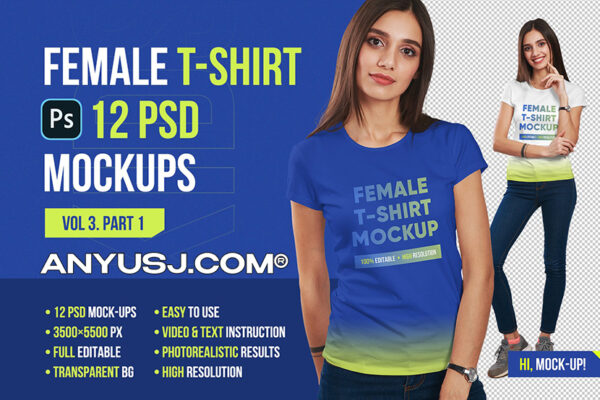 12款高品质女士半袖T恤印花图案设计展示PS智能贴图样机 Female T-Shirt Mockups Vol 3 Part 1-第1025期-