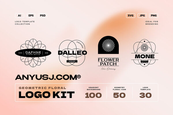 100款优雅极简现代手绘花卉图标图形Logo渐变弥散光企业品牌VI设计AI矢量套装Geometry Floral Logo Kit-第3635期-