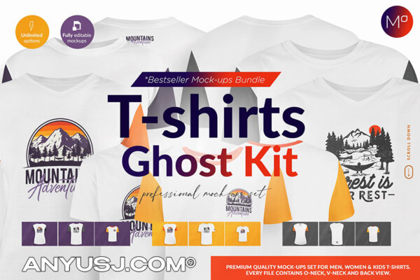 时尚半袖T恤图案印花设计展示样机模板素材 Ghost T-shirts Designer Kit Mockups-第1025期-