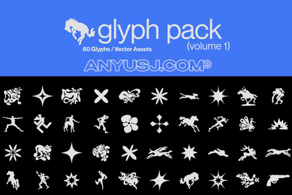 80款复古Y2K创意人物剪影天马Logo徽标徽章图标图形字体抽象艺术AI矢量设计套装Glyphs Pack by Hvnter-第3685期-