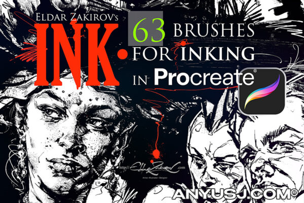 63款仿真真实质感水墨钢笔画笔喷雾飞溅墨迹Procreate艺术绘画笔刷套装INK• 63 inking brushes for Procreate