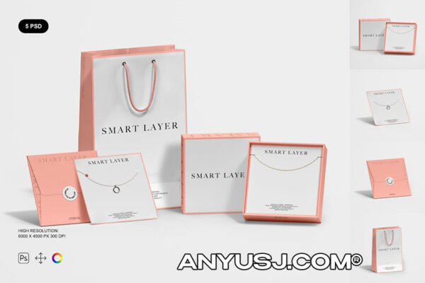 5款极简优雅珠宝包装盒纸盒纸袋购物袋手提袋PSD样机Jewelry Packaging Mockup Set