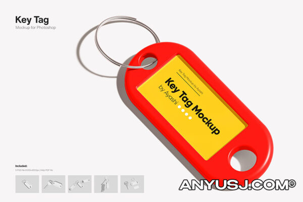 5款极简逼真塑料钥匙扣外观设计展示PSD样机Key Tag Mockup