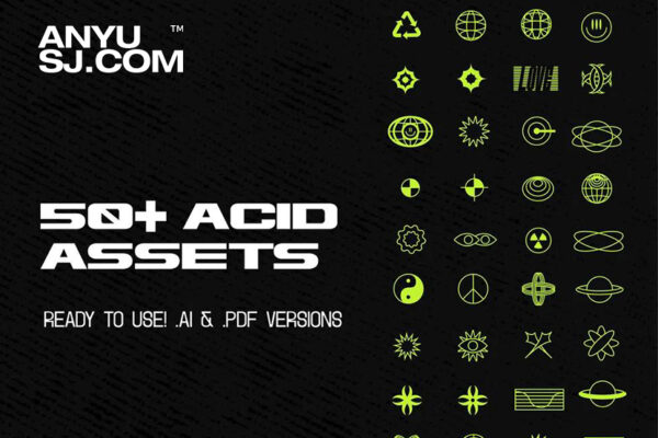 53款创意Y2K酸性潮牌Logo图标AI矢量图形设计素材 Kulture Type – KLTR Acid Assets (50+)-第1029期-