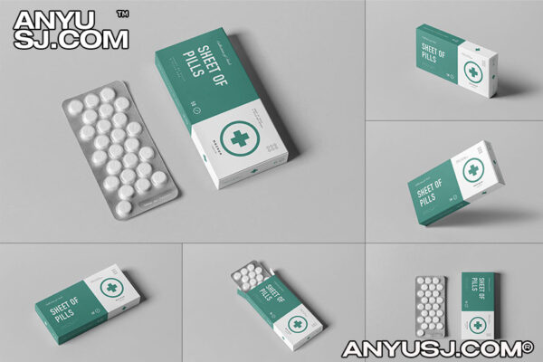 8款药丸药片铝箔包装纸盒外包装样机Pills Box Mock-up