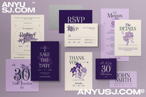 淡紫色花卉紫罗兰婚礼优雅极简请柬卡片邀请函贺卡名片明信片设计套装Purple Minimalist Elegant Wedding Invitation Set