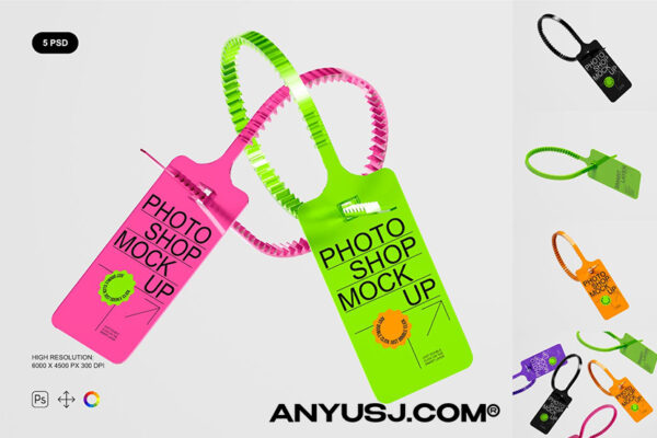 5款质感极简服装产品塑料标签吊牌防盗签VI品牌设计展示PSD样机Plastic Tag Mockup Set