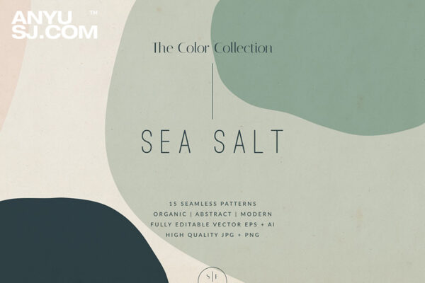 极简优雅军绿色海盐色块艺术无缝图案背景AI矢量设计套装Sea Salt Abstract | Pattern Set