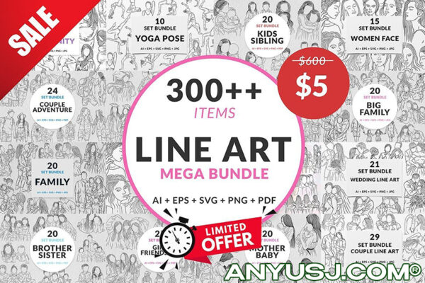 350+超大巨型人物素描线条插画人物动作EPS矢量设计套装Set Mega Bundle Line Art People Family
