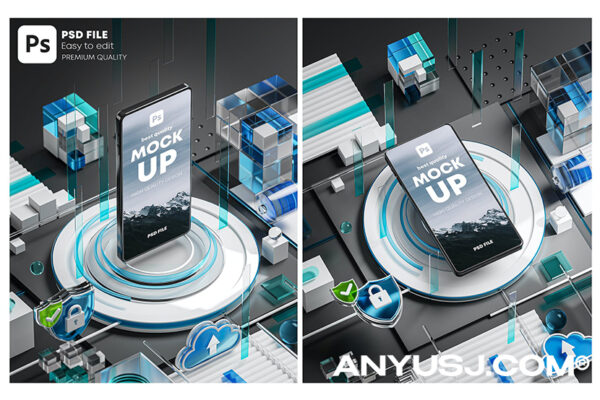 3D渲染场景透明几何玻璃高科技游戏UI设计展示样机Smartphone Template Mockup High Tech Concept 3D