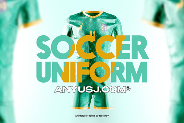 足球队制服运动服运动T恤短袖短裤套装服装设计动态展示样机模板 Soccer Uniform Animated Mockup-第1025期-