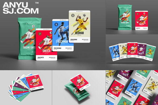 8款卡片球星卡明星卡游戏卡纸牌铝箔塑料包装袋设计展示PSD样机Trading Cards Mock-up 2