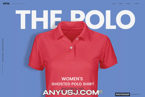 极简女士短袖T恤上衣翻领衬衫polo衫服装印花设计展示样机Womens Ghosted Polo Shirt Templates-第1025期-
