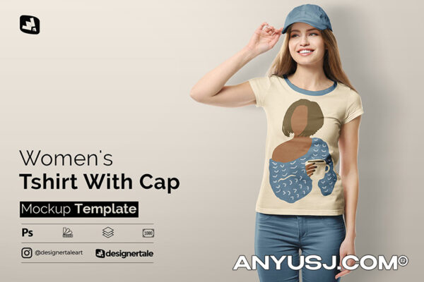 戴帽子女士半袖T恤印花图案设计展示贴图样机 Womens Tshirt With Cap Mockup-第1025期-