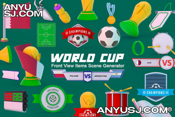 25款世界杯足球赛奖杯徽标徽章趣味3D渲染图标图形PNG元素场景样机生成包World Cup Scene Generator