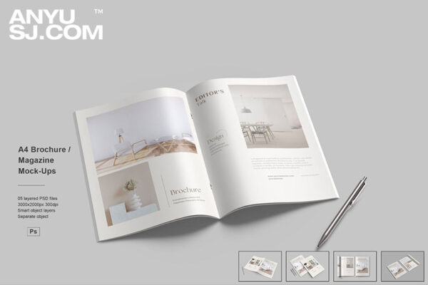 5款极简优雅A4杂志画册书籍宣传册封面内页文创企业品牌VI设计展示PSD样机A4 Brochure / Magazine Mock-ups