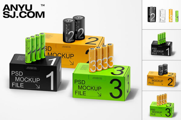4款质感能量电池纸盒外包装设计展示PSD样机Battery Packaging Mockup Set