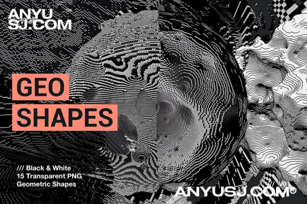 15款独特黑白艺术数字科技赛博朋克像素分布图抽象实验性几何故障复古背景图案设计包Black & White Transparent Geometric Shapes | V01