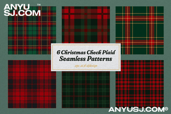 复古传统圣诞节苏格兰格子无缝图案矢量源文件Christmas Check Plaid Seamless Patterns
