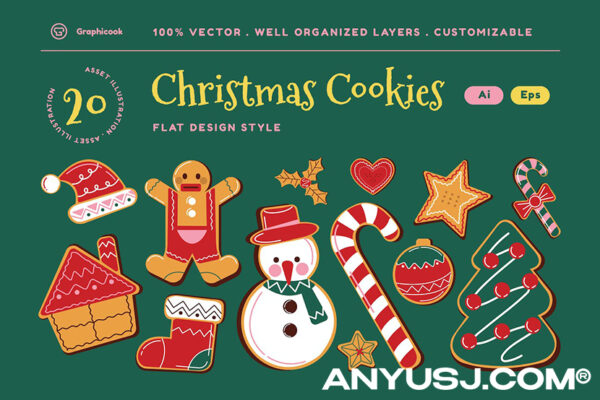圣诞节姜饼人雪人帽子饼干AI矢量插画插图设计Green Christmas Cookies Illustration Set