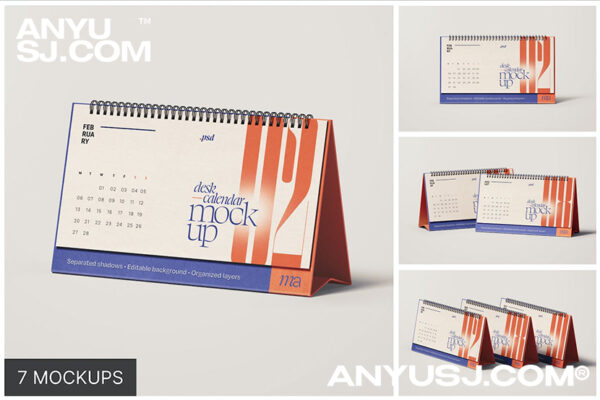 7款极简水平台历翻页日历PSD样机集Horizontal Desk Calendar Mockup Set