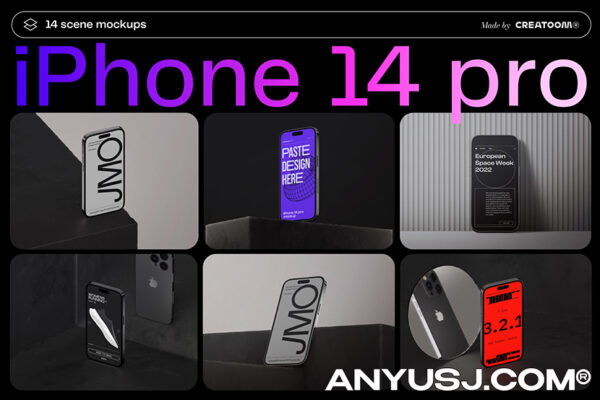 工业风极简质感高级Phone14 pro苹果手机App界面UI设计作品贴图展示PSD暗黑场景样机套装iPhone 14 pro mockups-第3594期-