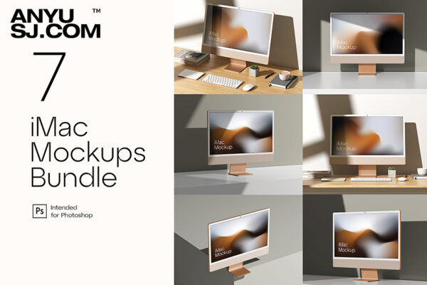 7款苹果一体机台式电脑显示器桌面极简场景UI设计展示样机iMac Mockup