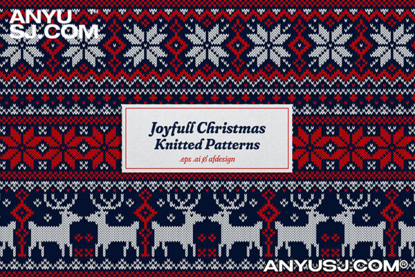 趣味雪花麋鹿圣诞节针织毛衣纹理无缝矢量图案Joyfull Christmas Knitted Patterns