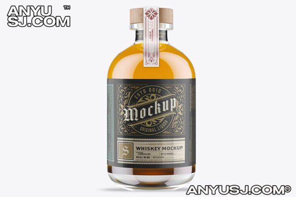威士忌玻璃瓶酒瓶外包装标签样机Whiskey Glass Bottle Mockup