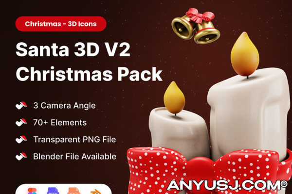 70款3D趣味卡通温暖蜡烛圣诞节圣诞帽雪橇雪花圣诞树节日元素PNG/3D模型插画图标套装Santa V2 3D – Christmas 3D Models-第3782期-