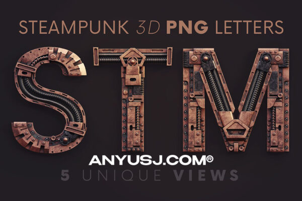 幻想3D立体未来科技机械做旧复古蒸汽朋克金属赛博英文字母数字符号PNG字体元素-第3777期-