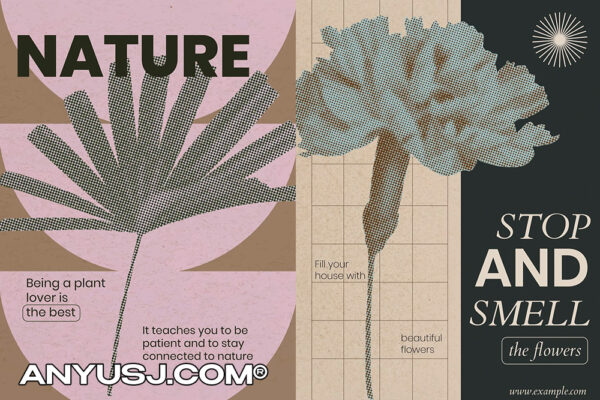 9款复古拼贴半调剪贴花卉花朵创意艺术插画海报设计PS/AI源文件-第3779期-