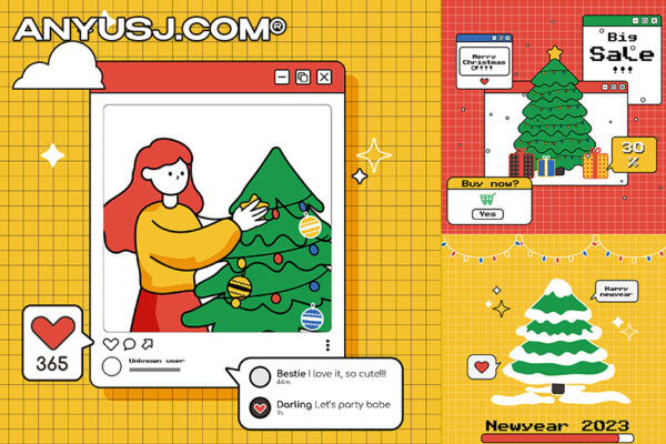 16款创意现代卡通圣诞节新年趣味人物IP角色电商设计公众号推文海报插画排版AI源文件-第3707期-