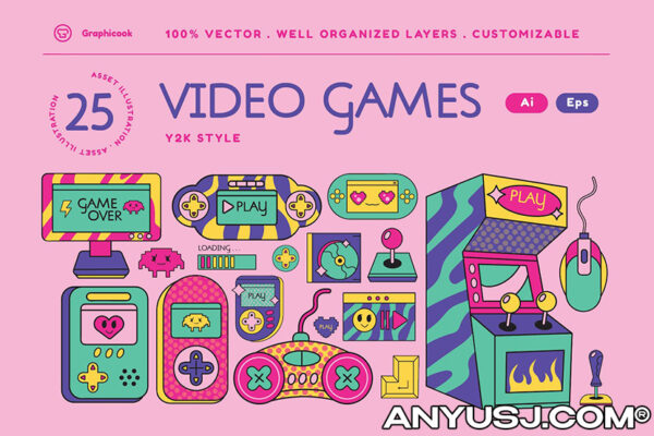 25款复古Y2K粉色趣味视频游戏街机游戏机像素插画贴纸AI矢量套装Pink Y2K Video Games Illustration Set-第3741期-