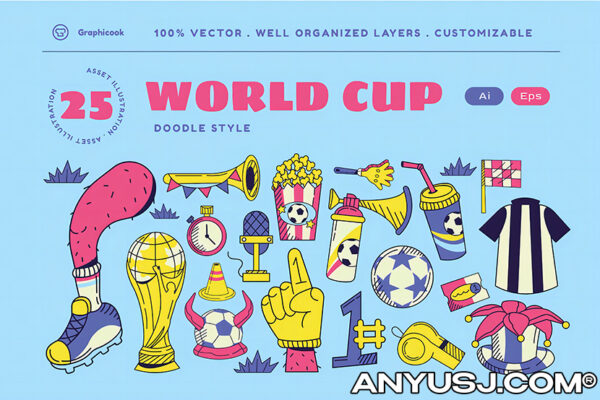 25款复古趣味世界杯足球庆祝插画贴纸AI矢量套装Blue Retro Urban Culture Illustration Set-第3741期-
