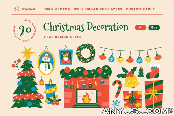 20款复古趣味圣诞节粉色庆祝插画贴纸AI矢量套装Pink Christmas Decoration Illustration Set-第3741期-